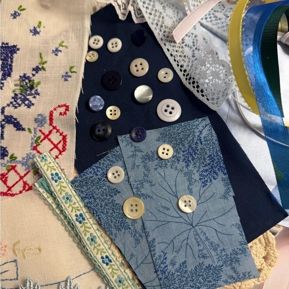 Vintage Blue White Sewing Notions Junk Journal Kit‎ Lace Embroidery Buttons Lot - Picture 8 of 13